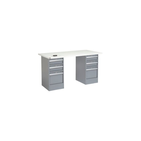 Global Equipment 72"W x 30"D Pedestal Workbench - 6 Drawers, ESD Square Edge - Gray 607633 - main